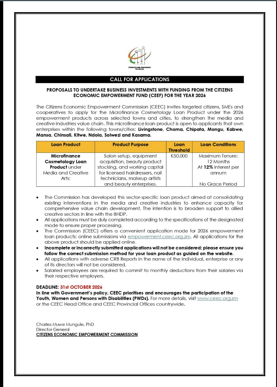 CEEC Cosmetology Loan 2026: Up to K50,000